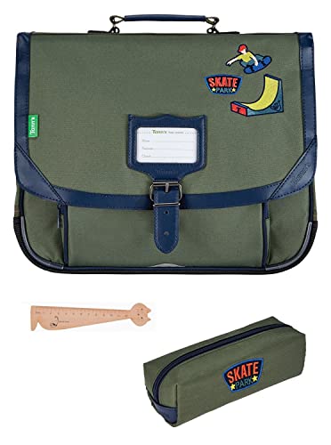 Set Schulranzen Tann S 38 cm Jungen + Federmäppchen rechteckig sortiert + Lesezeichen aus Holz Katze Blumie, Tony