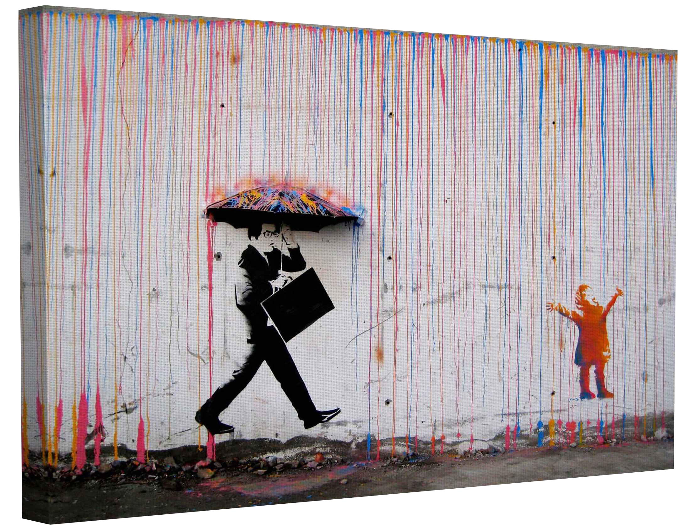 MJEDC Banksy Bilder Leinwand Kid Playing in Colorful Rain Graffiti Street Art Leinwandbild Fertig Auf Keilrahmen Kunstdrucke Wohnzimmer Wanddekoration Deko XXL (50x70cm(19.7x27.6inch))