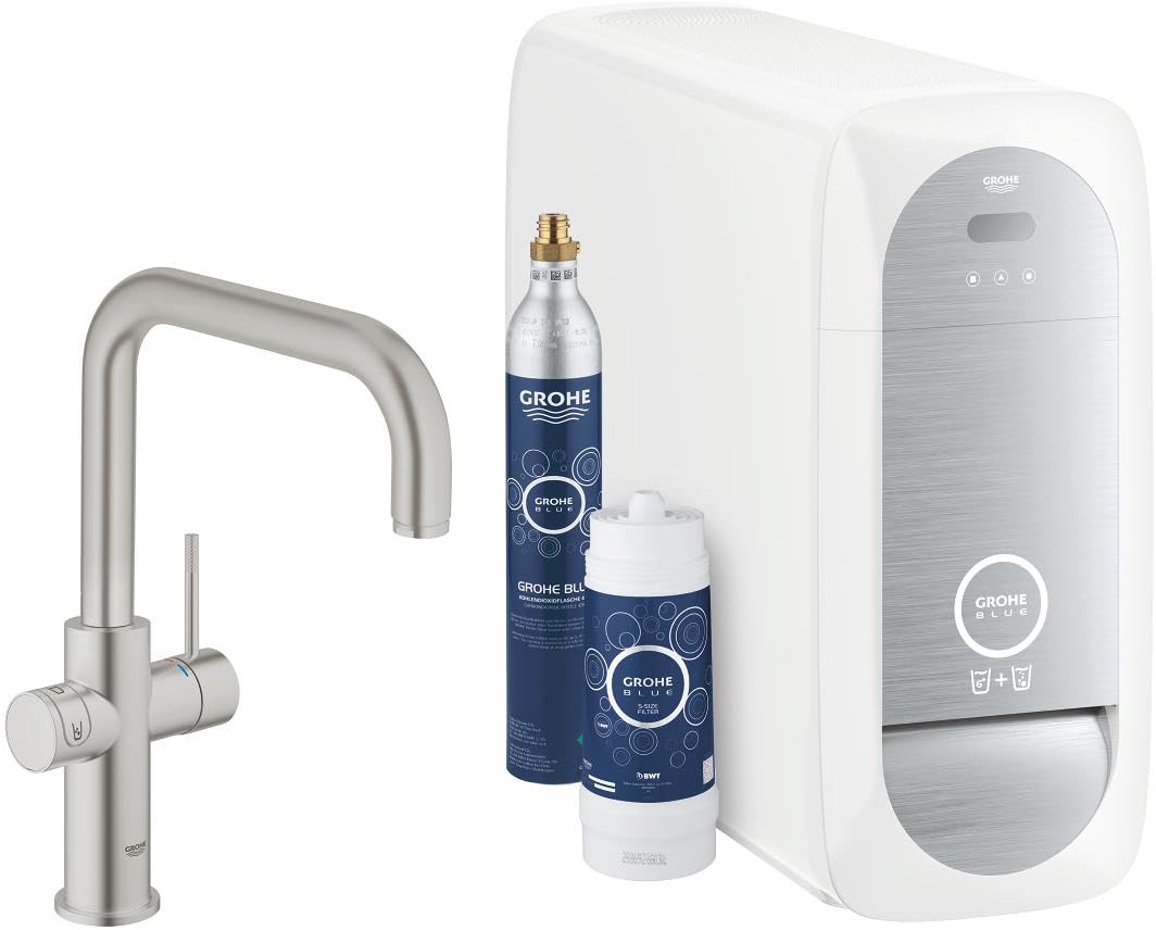 GROHE Blue Home- Starter Kit (U- Auslauf, 3 gefilterte und gekühlte Wasserarten, für GROHE Blue Filter S-Size, Filterkopf mit flexibler Wasserhärteeinstellung), supersteel, 31456DC1