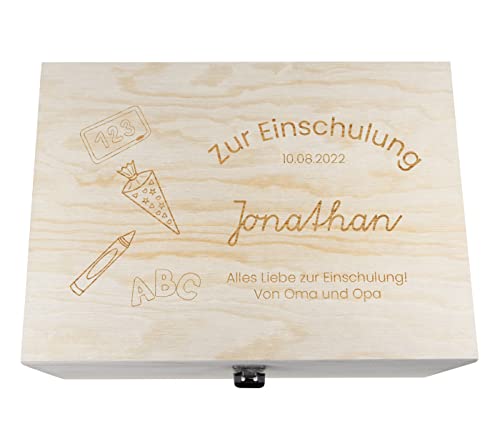 Holzkiste mit Deckel für die Einschulung - personalisiert Natur Aufbewahrungskiste Erinnerungsbox & Geschenkkiste (36x26x18 cm, Einschulung-5)