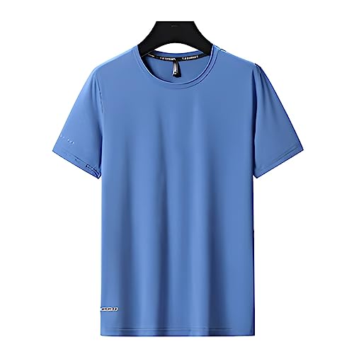 VUIOYRG Rundhals-T-Shirt aus Eisseide, Sommer-T-Shirt aus Eisseidenstoff, schnell trocknende, kurzärmlige Sport-Fitness-T-Shirts (Blau,3XL)