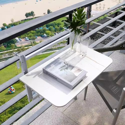 NIZAME Outdoor Klappbarer Geländertisch, Marmor Felsplatte Tischplatte Hängetisch, Höhenverstellbarer Balkontisch, Multifunktionales Servierpult (Color : White, Size : 80x35cm)