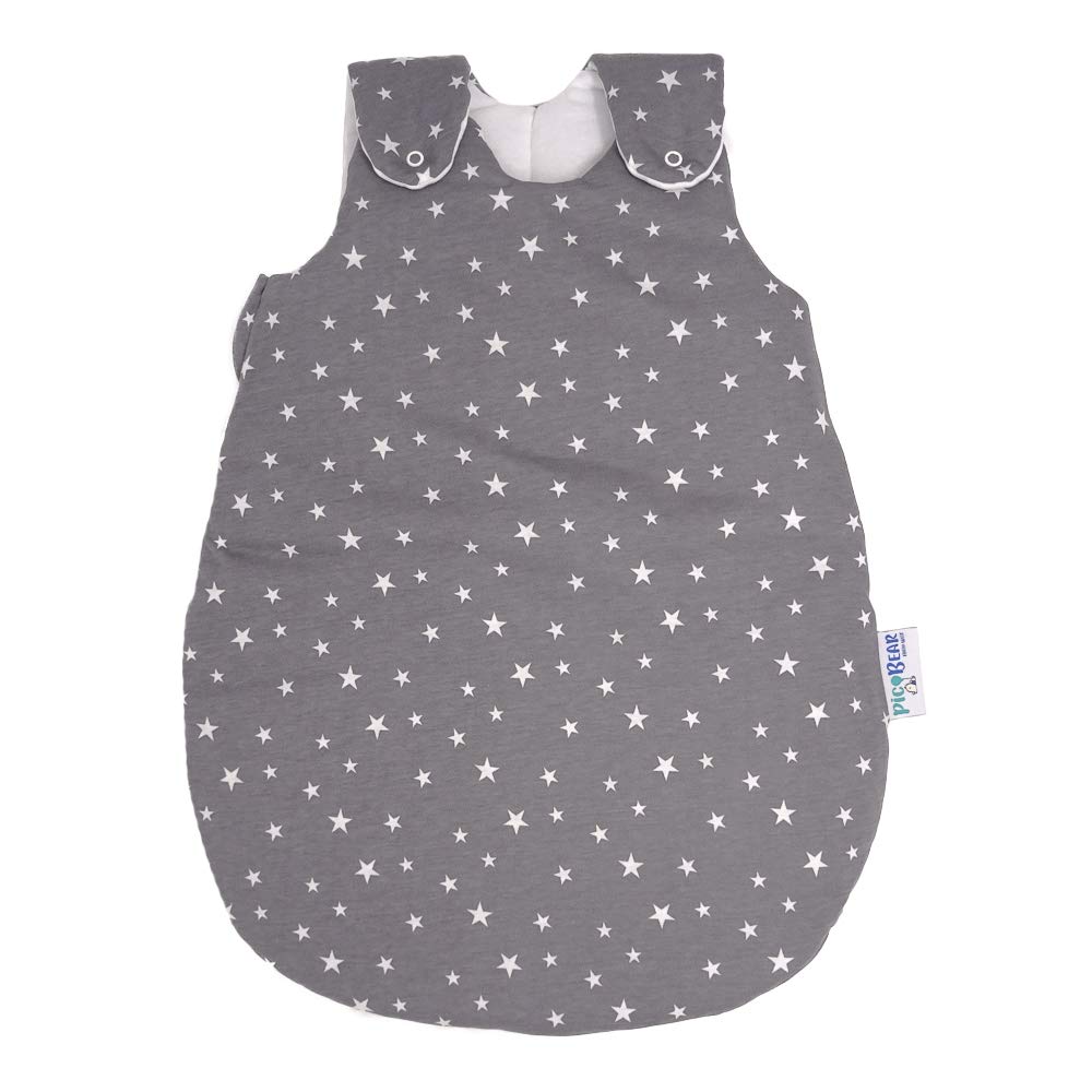 pic Bear Premium Babyschlafsack aus Jersey-Baumwolle – Atmungsaktiv, Mitwachsend und für Ganzjahres-Nutzung mit verstellbaren Größen 86/92 Sterne grau-weiß