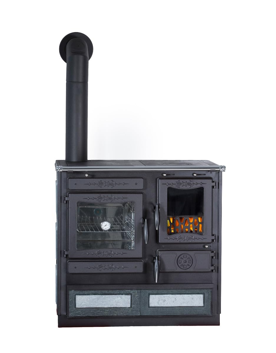 7 kW Küchenofen Globe Fire Alhena aus Gusseisen - Außenverkleidung aus Serpentin - Großes Backfach und Holzfach (Rauchrohr Links, Grau)