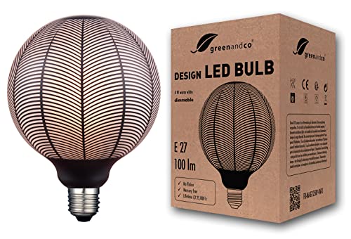 greenandco® Vintage Design LED Lampe schwarz gemustert (Blattmotiv) dimmbar E27 G125 4W 100lm 1800K extra warmweiß zur Stimmungsbeleuchtung flimmerfrei 300° 230V, 2 Jahre Garantie