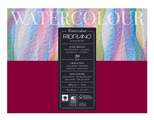 Honsell 72613648 - Fabriano Watercolour Aquarellkarton, 200 g/m², 36 x 48 cm, 20 Blatt, Block 4 fach geleimt, naturweiß, Feinkorn, säurefrei, samtartige Oberfläche