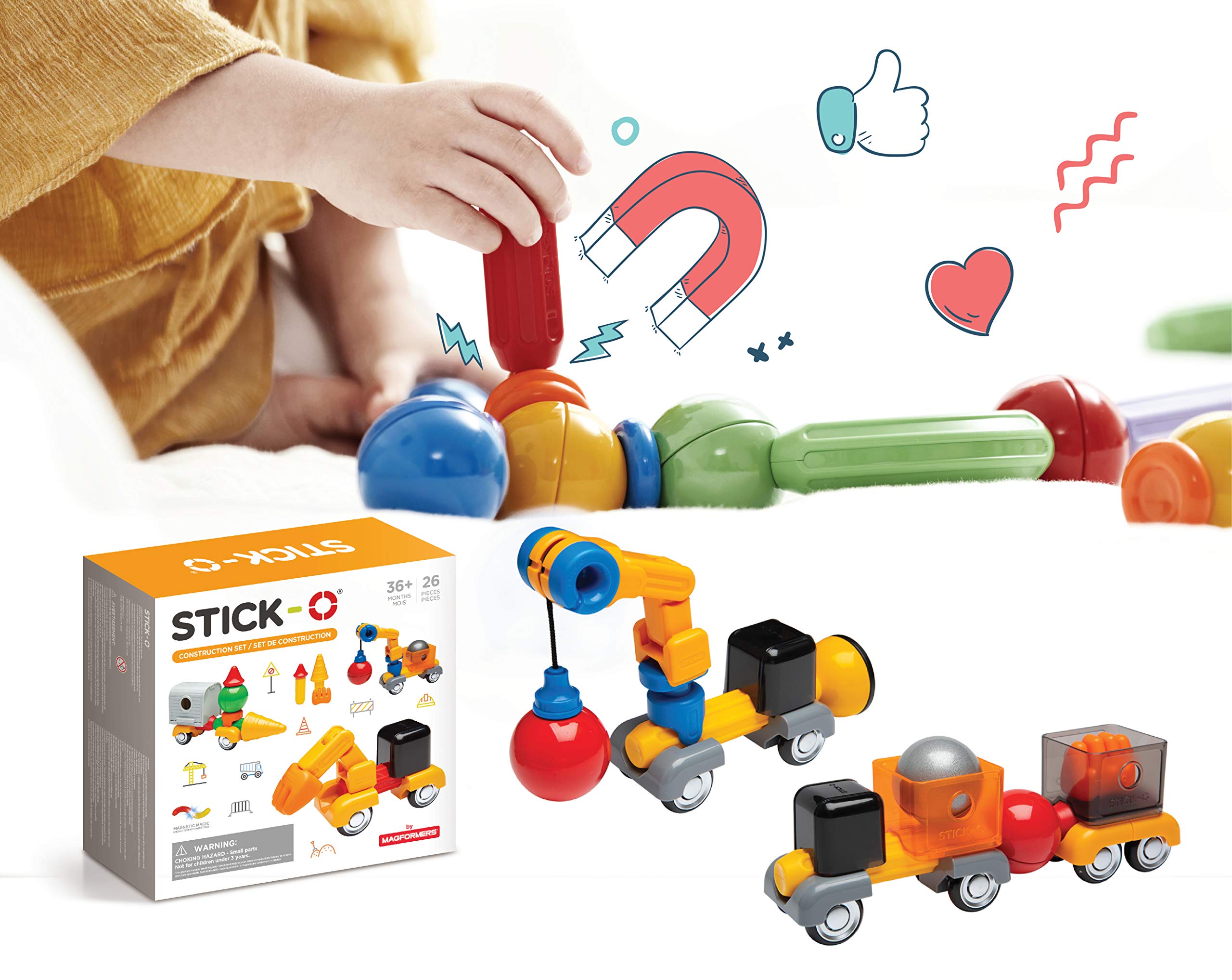 Stick-O magnetische Bausteine für Kinder ab 3 Jahre, kreatives Konstruktionsspielzeug, Lernspielzeug mit Magnet, Baustellen Set für Mädchen und Jungen, Montessori Spielzeug, 26 Teile Set,