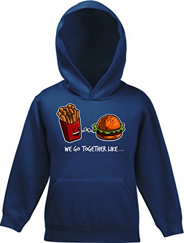 Valentinstag Kinder Kids Kapuzen Sweatshirt Hoodie - Pullover mit Fries + Burger Motiv, Größe: 140,Navy