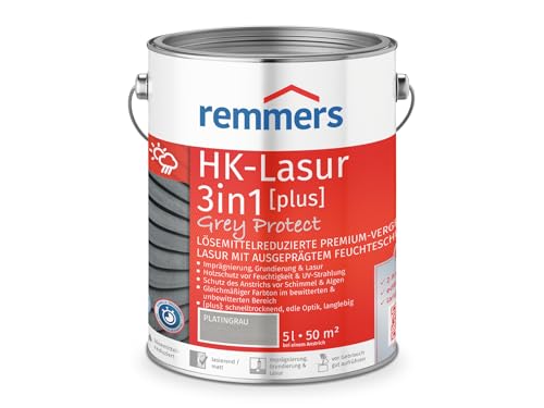 Remmers Aqua HK-Lasur 3in1 Grey Protect platingrau, matt, 5 Liter, Holzlasur, Premium Holzlasur außen, natürliche Grautöne, 3in1 Holzschutz