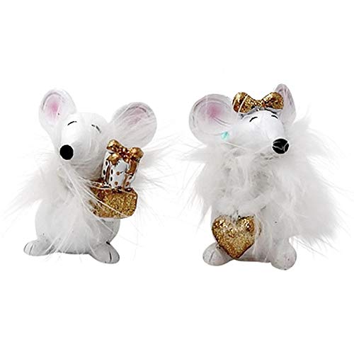 2 süße Mäuse mit Federn Deko Figur modern 7,5 cm hoch Maus weiß/Gold Figur Osterdekoration Geburtstag Tischdeko