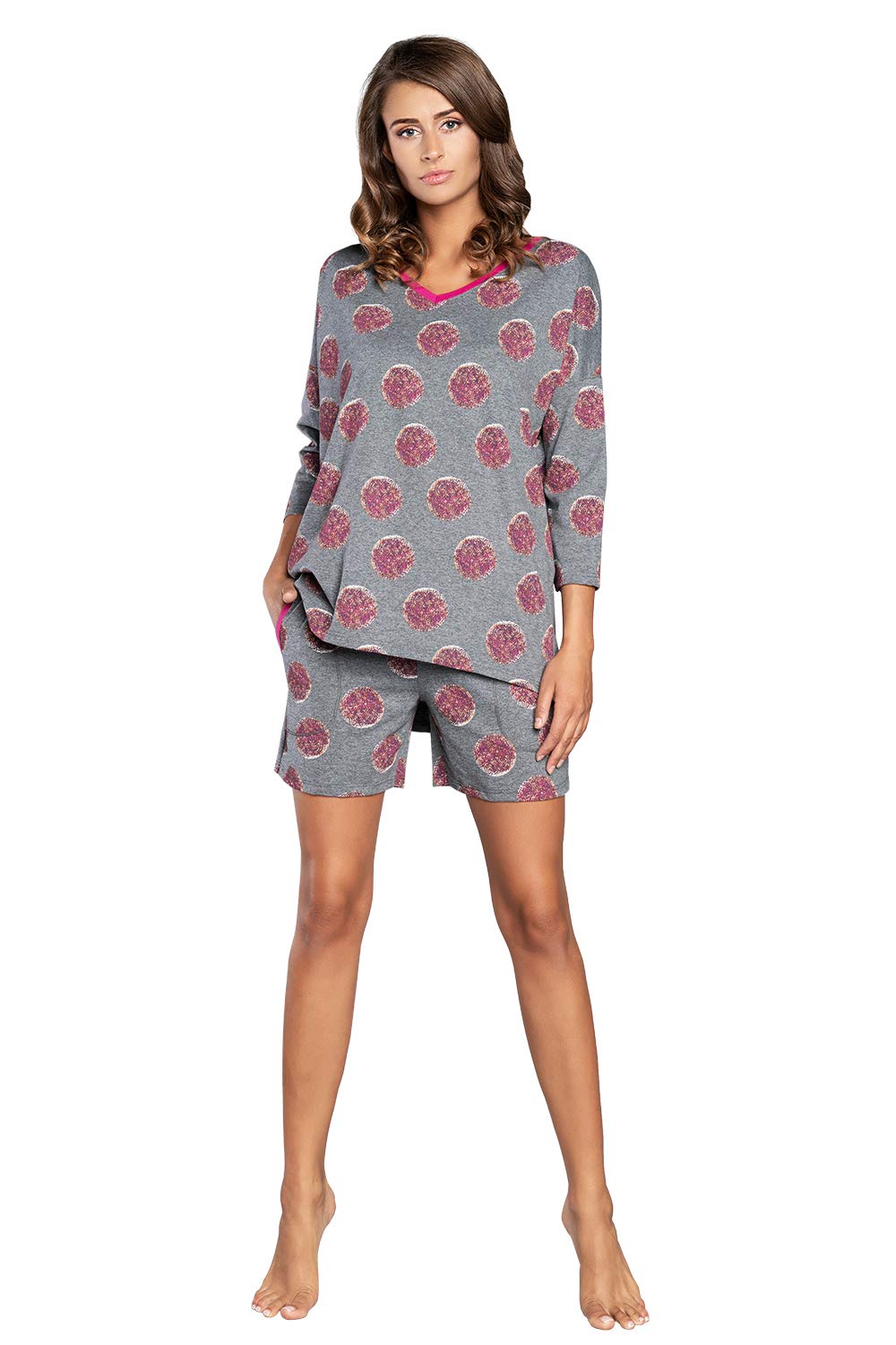 Damen Schlafanzug lang Pyjama Set | Nachtwäsche Hausanzug Langearm Rund Ausschnitt Zweiteiliger Sleepwear M007 (M, Grau Rosa)