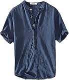 Lanakila Provence Leinen-Baumwollhemd für Herren, Sommer-lässiges leichtes Leinenhemd für Herren (Dunkelblau,XL)