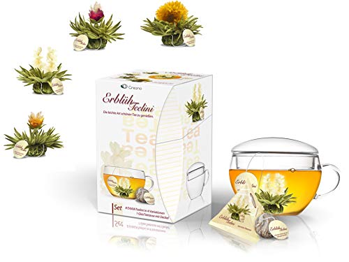 Creano ErblühTeelini Teeblumen Geschenkset mit Teeglas und 8 Teeblumen im Tassenformat, Weißer Tee, Geschenk für Frauen, Mutter, Teeliebhaber