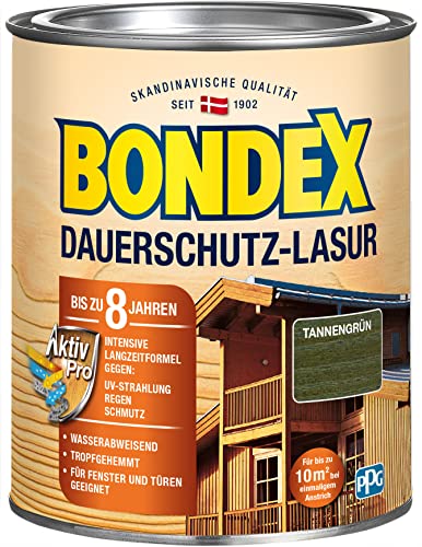 Bondex Dauerschutz Lasur Tannengrün 0,75 L für 10 m² | Hoher Wetter- und UV-Schutz bis zu 8 Jahre | Tropfgehemmt | Natürliches Abwittern - kein Abplatzen | Dauerschutzlasur| Holzlasur
