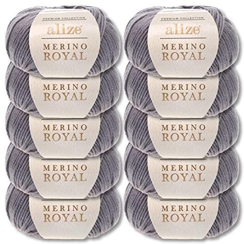 Wohnkult Alize 10x50 g Merino Royal 100% Merinowolle 9 Farben zur Auswahl Superwash Wolle Warmer (87 | Dunkelgrau)