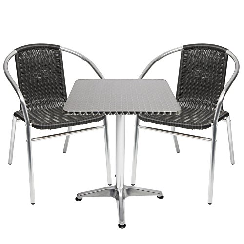 Mojawo® Bistrogarnitur 3-teilig Bistrotisch Aluminium eckig 60x60cm H70cm / 110 cm höhenverstellbar + 2 Stapelstühle Aluminium/Rattan Schwarz