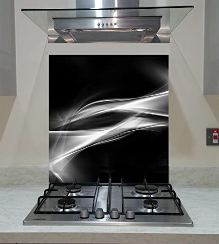 Splash Back, Panel Kitchen, gehärtetes Glas, weiße abstrakte Wellen auf schwarzem Hintergrund, jede Größe, Va Art Glas (Breite 90 x Höhe 60 /cm)