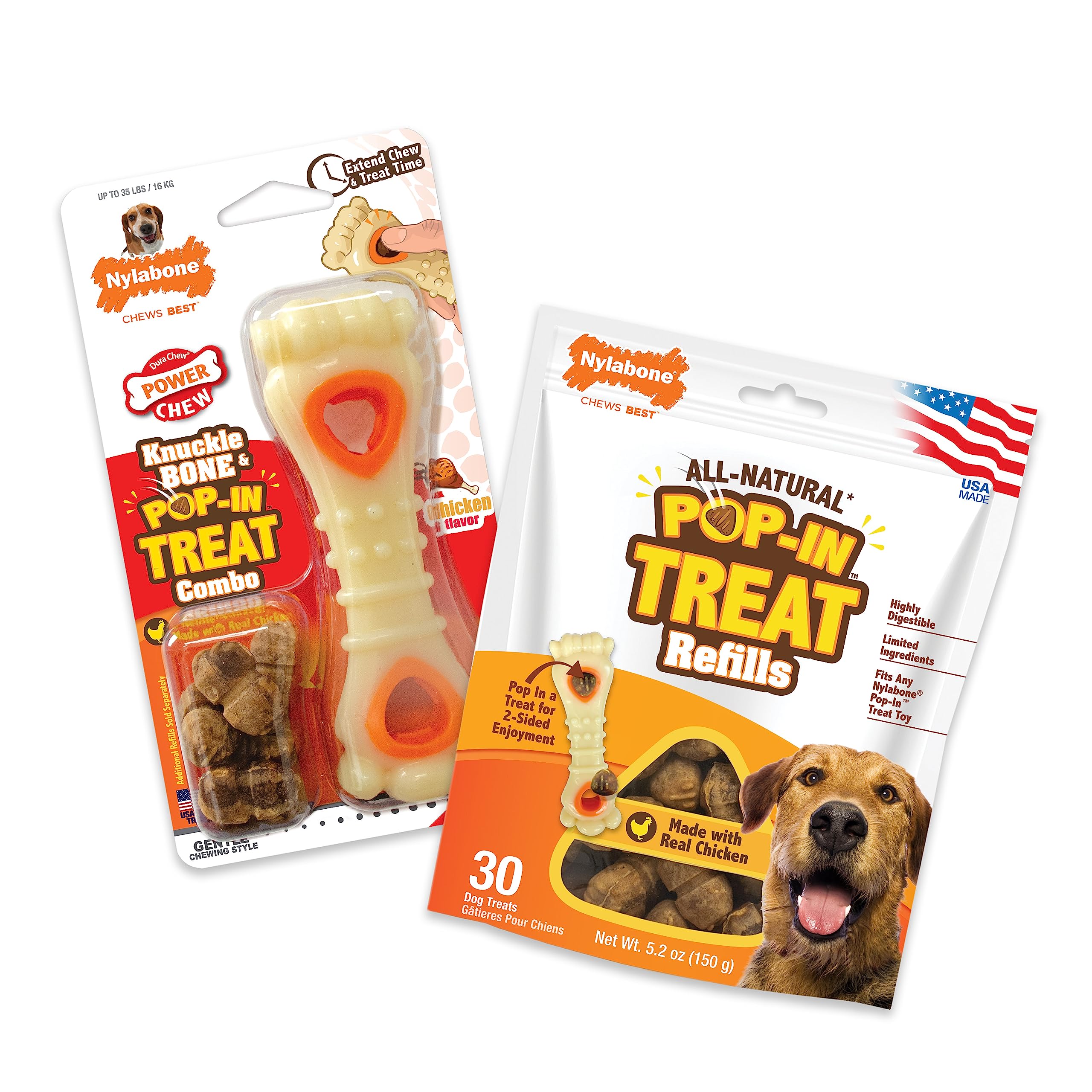 Nylabone Power Chew Knuckle Bone & Pop In Dog Treat Toy Combo Bundle - Tough Dog Toy for Aggressive Chewers and Treat Pouch - Durable Dog Toy - Chicken Flavor, Medium Wolf - Up to 35 lbs