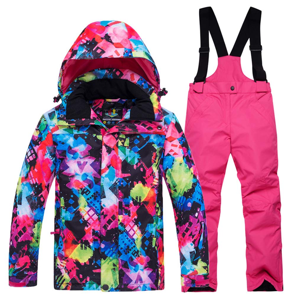 LPATTERN Kinder Jungen/Mädchen Skifahren 2 Teilig Schneeanzug Skianzug(Skijacke+ Skihose), Bunt Jacke+ Pink Trägerhose, Gr. 128/134(Herstellergröße: L)