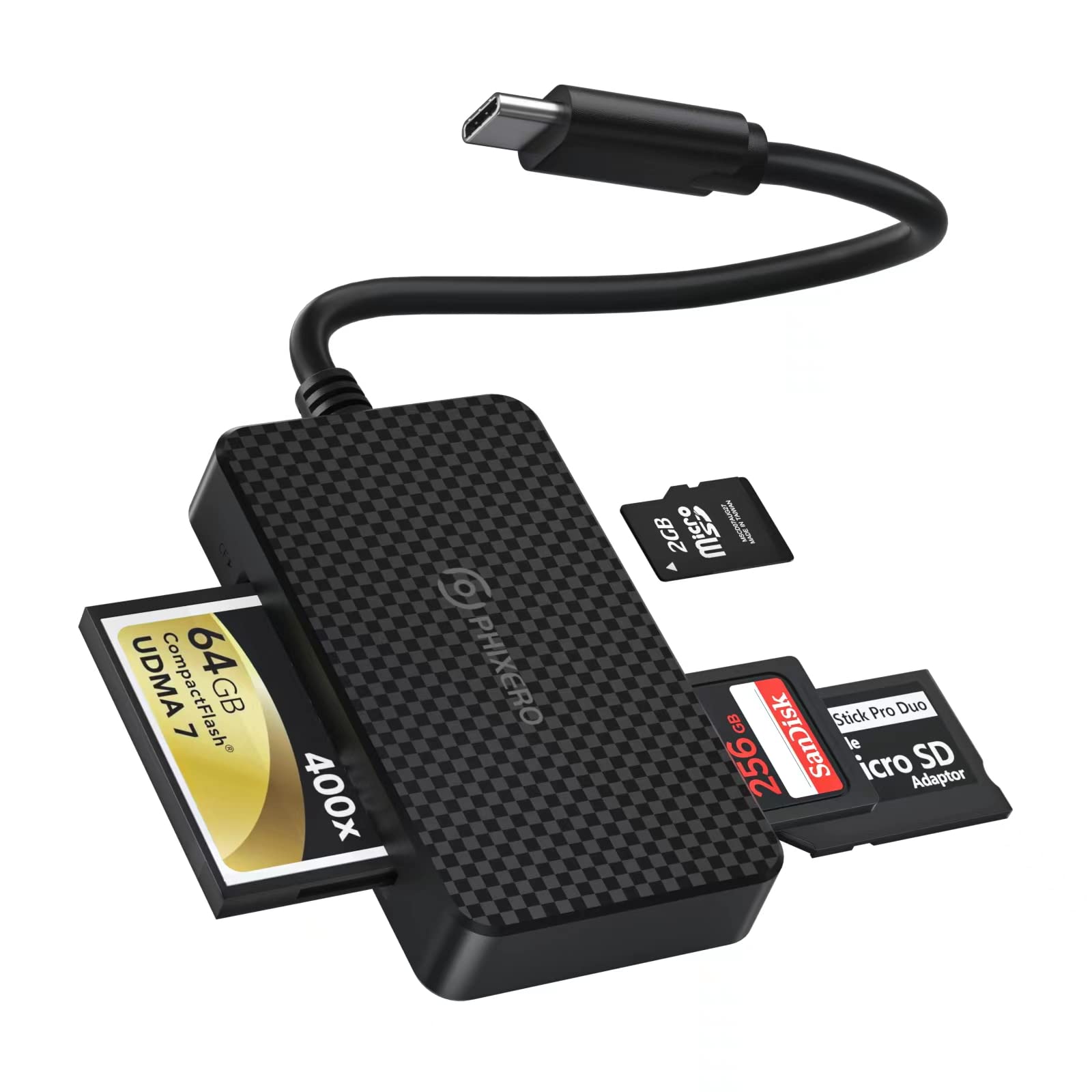 PHIXERO SD Kartenleser für Kamera Speicherkarte, 4 in 1 Micro SD/CF/MS/SD Kartenleser USB C mit 5 Gbps Super Speed Speicherkartenleser Kompatibel mit Laptop, Telefon mit USB-C Port und mehr Geräten