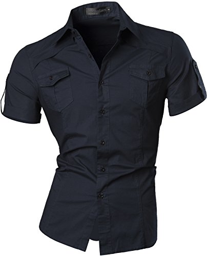 jeansian Herren Freizeit Hemden Shirt Tops Mode Kurzarm-shirts Slim Fit 8360_Navy XL [Apparel]