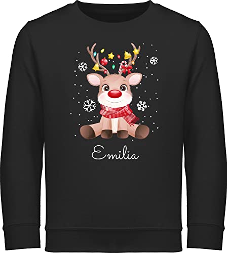 Weihnachten Kinder Geschenke - Süßes Rentier mit Schal und Name - 128 (7/8 Jahre) - Schwarz - JH030K - Kinder Sweatshirt Pullover für Jungen und Mädchen