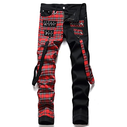 Männer Punk Jeans Trendy Schottland Plaid Denim Hosen Streetwear Niet Patchwork Verstärktes Dünne Gerade Hosen,Black red,29