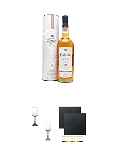 Clynelish 14 Jahre Single Malt Whisky 0,2 Liter + Nosing Gläser Kelchglas Bugatti mit Eichstrich 2cl und 4cl - 2 Stück + Schiefer Glasuntersetzer eckig ca. 9,5 cm Ø 2 Stück