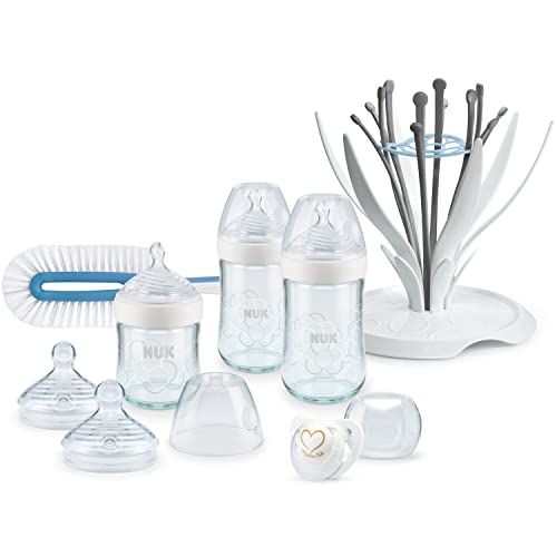 NUK Nature Sense Glasflaschen Set | 3 Babyflaschen | Trinksauger | Flaschenbürste | Trockenständer | Genius Schnuller | weiß
