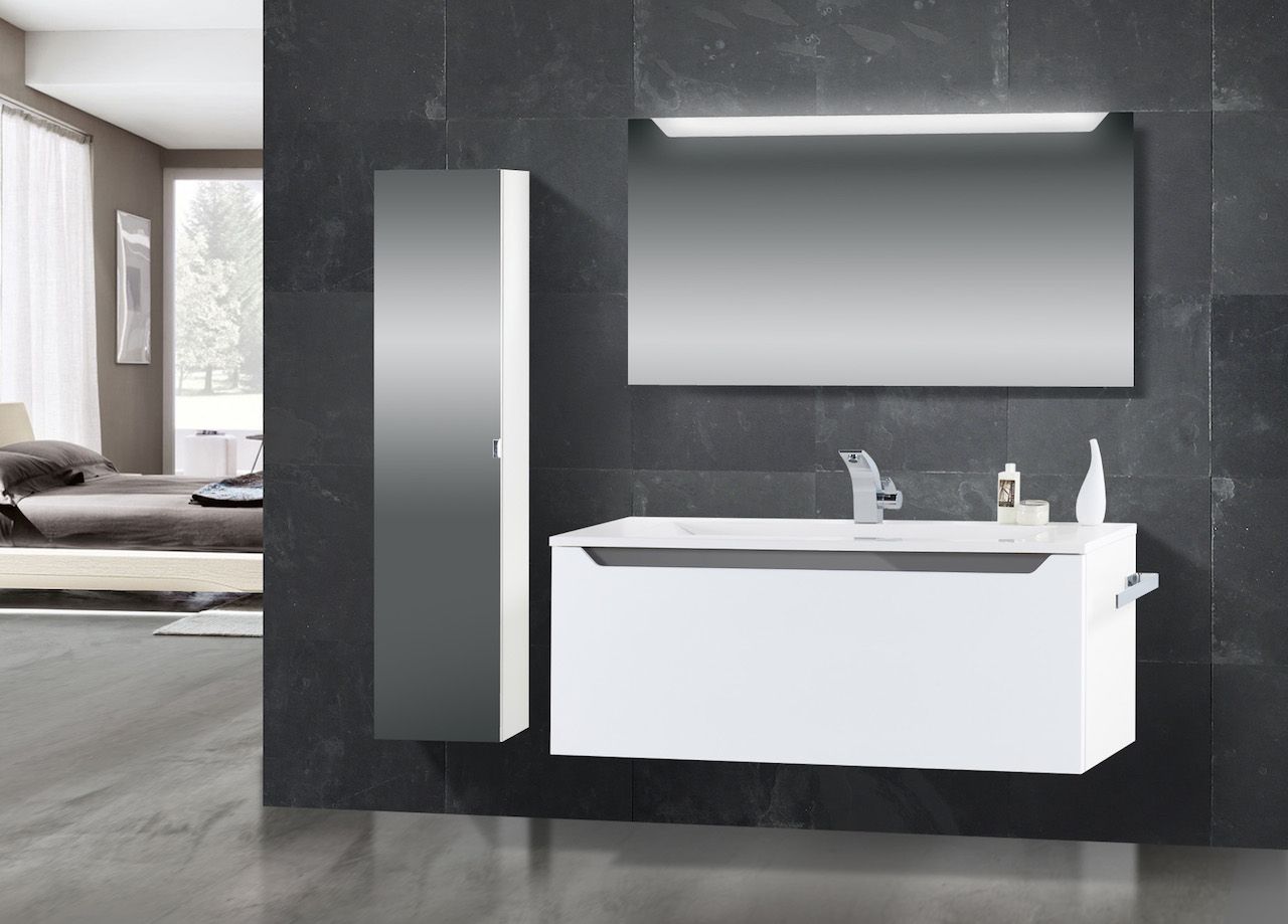 Design Badmöbel Set mit Waschtisch 120 cm, Grau Hochglanz Griffleiste Weiß Hochglanz Lack 2
