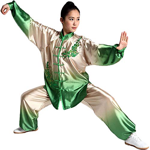 G-like Tai-Chi Uniform Damen Anzug - Chinesische Kampfkunst Taiji Wushu Wing Chun Shaolin Kung Fu Training Kleidung Farbverlauf Farbübergang Lange Ärmel Set (Gruen&Beige, S)