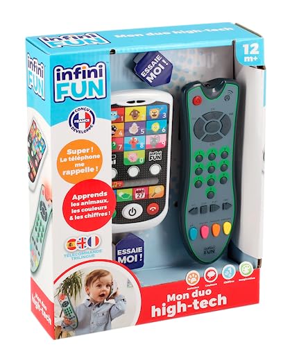 Infini Fun - Mein Duo High-Tech Telefon + Fernbedienung – 1 dreisprachige Fernbedienung Französisch/Englisch/Spanisch & 1 Telefon Ultra realistisch – Spielzeug zum Lernen, ab 12 Monaten