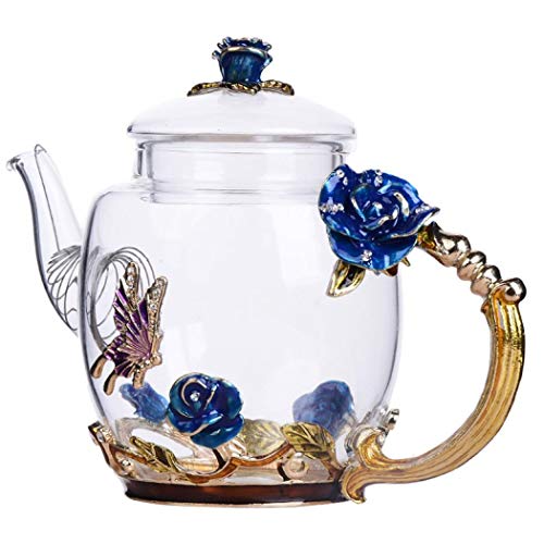 Heat-Resistant Flower Glass Tea Pot Enamel Glass Teapot Flower Enamel Glass Teapot, Creative Glass Teapot and Cup Set Crystal Glass Kung Fu Tea Cup Set (Blue)