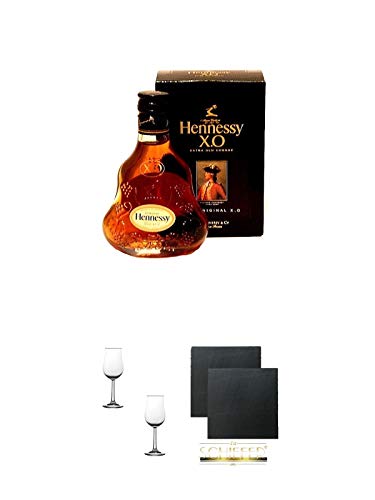 Hennessy XO Cognac Frankreich 5 cl + Nosing Gläser Kelchglas Bugatti mit Eichstrich 2cl und 4cl - 2 Stück + Schiefer Glasuntersetzer eckig ca. 9,5 cm Ø 2 Stück