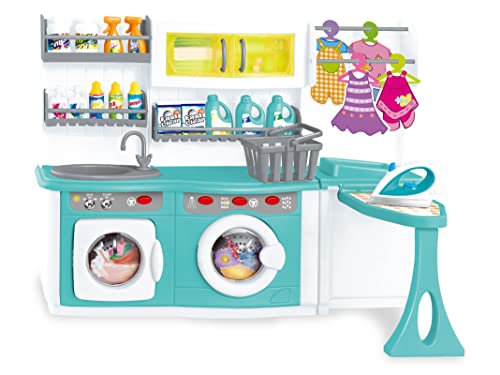 Teorema 67061 - Waschsalon-Set für Kinder mit echten Sound- und Lichteffekten, Türen zum Öffnen, Waschmaschine, Bügeleisen, Kleidung aus Karton