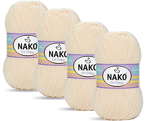 Nako Elit Baby Strickgarn, 4er-Pack, Anti-Pilling (pillingarm), jeder Knäuel 100 g (weiche Creme 10889)