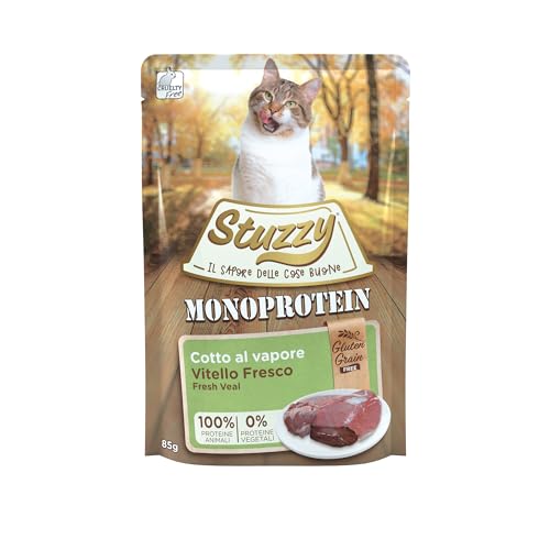 Stuzzy, Monoprotein Grain & Gluten Free, komplettes Nassfutter für Erwachsene Katzen mit Kalb, in Paste - (20 Beutel à 85 g)