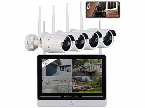 VisorTech Überwachungssysteme: Funk-Überwachungssystem mit Display, HDD-Rekorder, 4 IP-Kameras & App (Funk Kamera mit Bildschirm, Funkkamera Set, Alarm Bewegungsmelder)