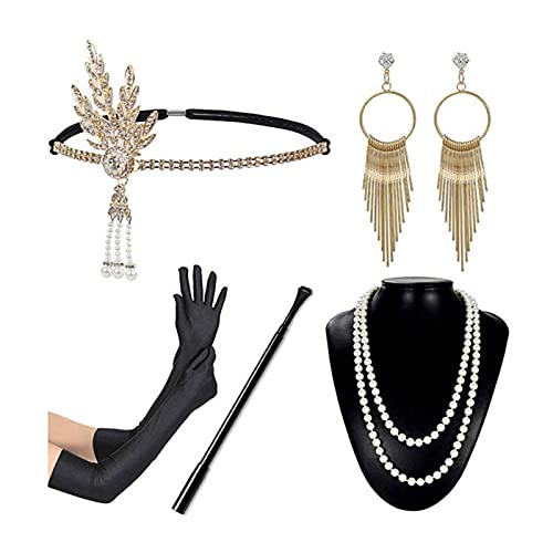 KONIEEJN Flapper-Accessoires für Damen, 1920er-Jahre-Kostüm, Zubehör, brüllende 20er-Jahre, Flapper-Stirnband, Handschuhe, Halsketten-Set, 1920er-Jahre-Gatsby, tolles Zubehör-Set für Damen,