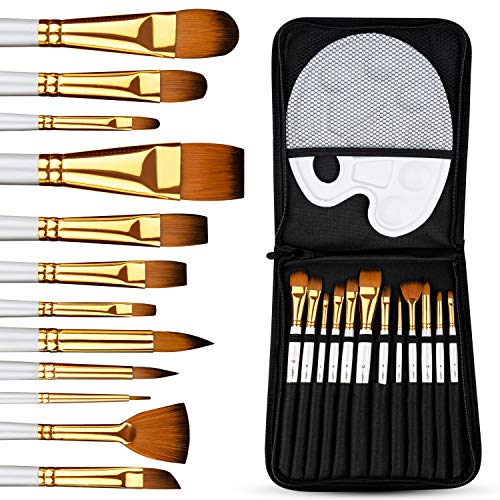 Pitello 12er Pinselset Malen - [Perfekte Grundausstattung] für Acryl, Aquarell und Ölfarben I Acrylpinsel Set mit Palette und Tasche I Aquarellpinsel, Künstlerpinsel, Pinsel Weiß