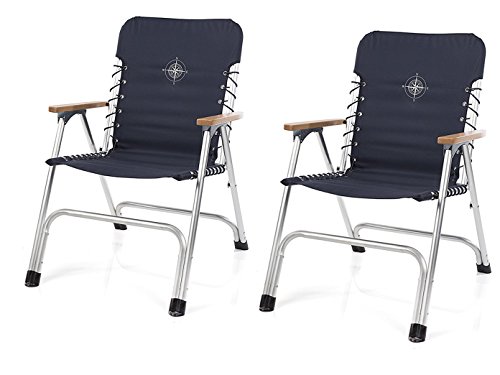 2er SET - Stilvolle, faltbare Bootsstühle in marineblau mit hölzernen Armlehnen + Kompassaufdruck