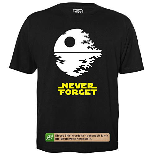 Never Forget Death Star - Herren T-Shirt für Geeks mit Spruch Motiv aus Bio-Baumwolle Kurzarm Rundhals Ausschnitt, Größe 4XL
