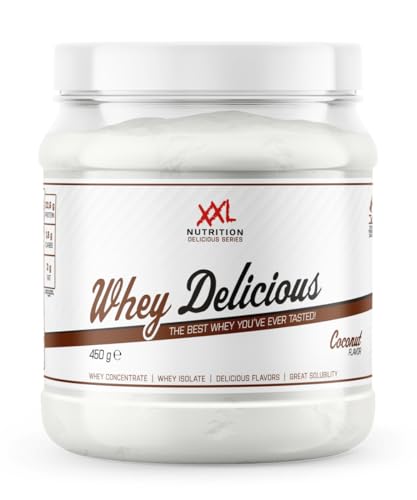 XXL Nutrition - Whey Delicious Protein Pulver - Leckerste Shake - Eiweiss Pulver, Whey Protein Isolat & Konzentrat - Hohe Qualität - 78,5% Proteingehalt - Kokosnuss - 450 Gramm