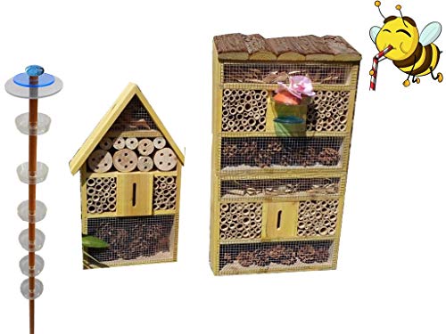 XXL Bienenhaus Bienenhotel + Gartendeko-Stecker Nistkasten als funktionale Bienentränke + 2X BIENENHAUS Insektenhaus,XXL Bienenstock & Bienenfutterstation für Wildbienen, Hummeln Schmetterlinge