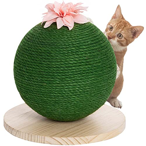 BAKAJI Kratzbaum rund Kugelform Kugel für Katzen Katzenkatzen Farbe Grün mit Blume interaktiv für Nägel Kratzfest Spielzeug stabil robust Seil aus Hanf