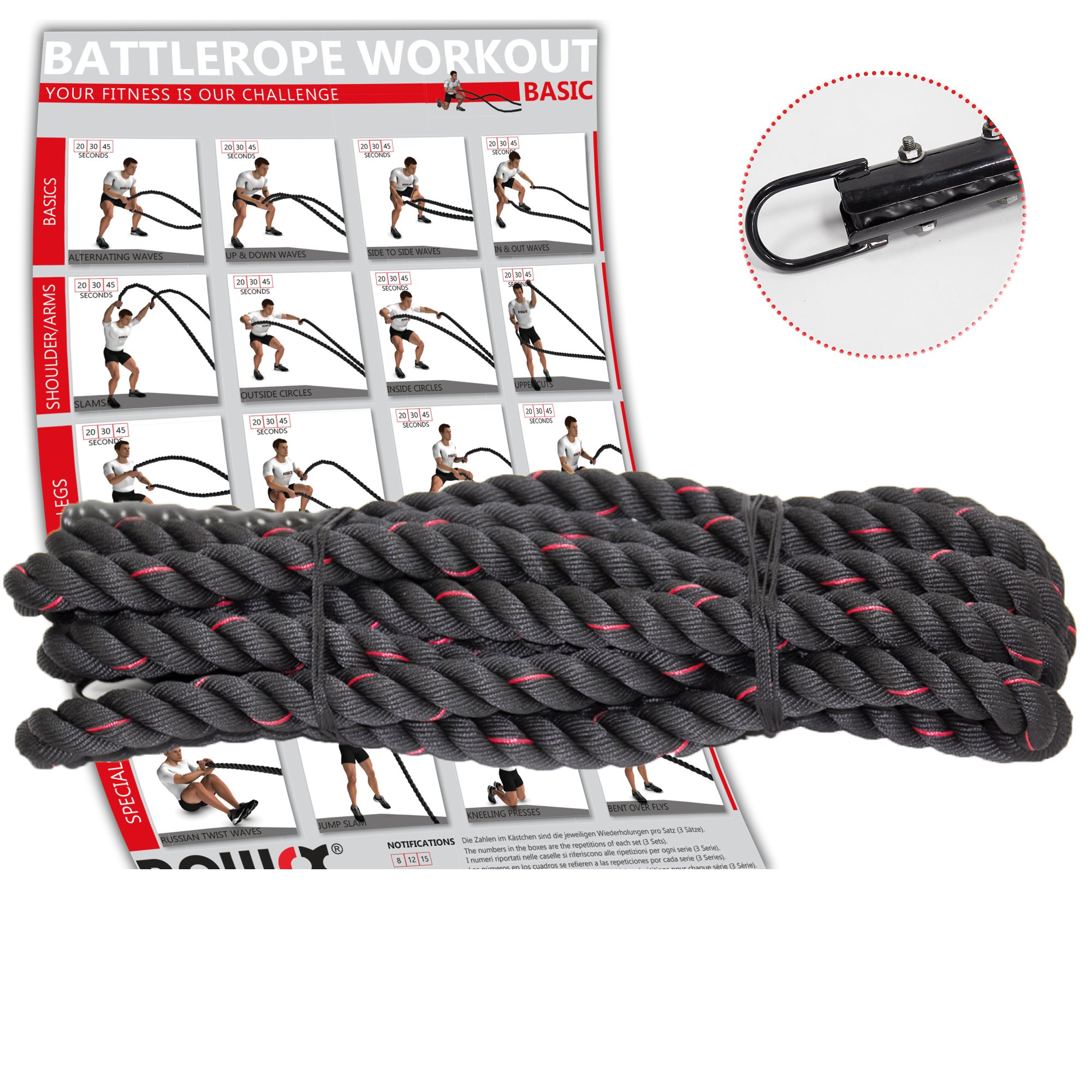 POWRX Battle Rope Schwungseil inkl. Halterung I Ø 38 mm I Trainingsseil Sportseil Schlagseil Tau Seil für Fitness Kraft Training I versch. Länge (12 m)
