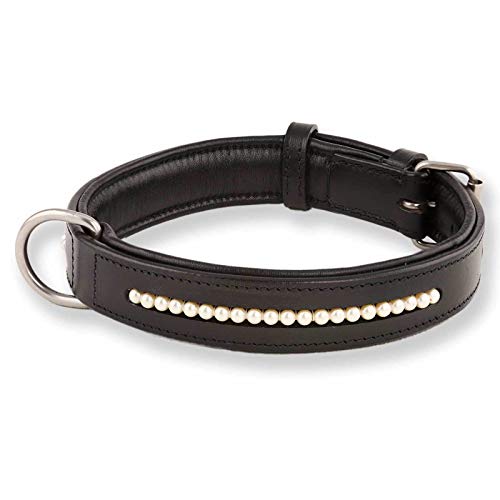 Monkimau Lederhalsband für Hunde, Swarovski Perlen Hundehalsband, Schwarz (M 37-42 cm)
