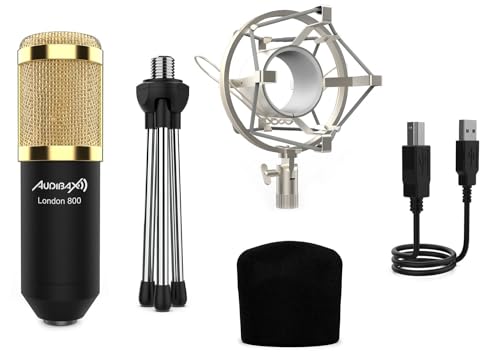 AUDIBAX - London 800 Pack Studio-Mikrofon mit großer Membran - Farbe Gold - Kondensatormikrofon - Polar-Herzmuster - Inklusive Spinne, Windschutz, Stativ und USB-Kabel
