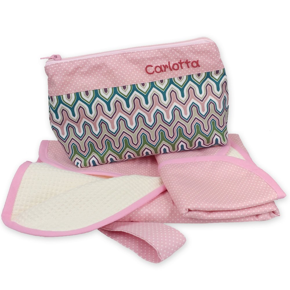 Wickelset für Unterwegs, Wickeltasche mit Unterlage mit Namen, Waschtasche personalisiert, Baby Wickelunterlage, Farbe:rosa