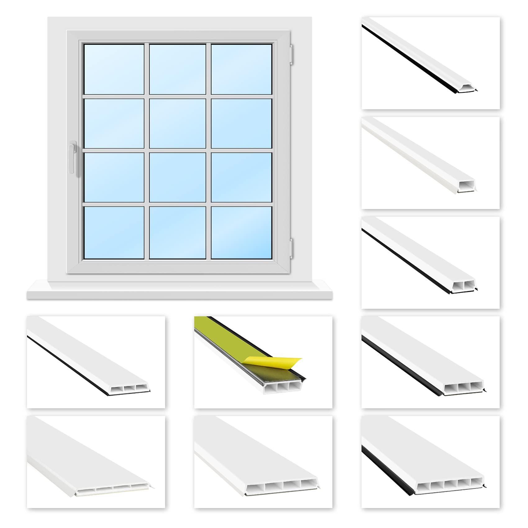 HEXIM Fenstersprossen weiß 1 & 2 Meter - selbstklebende Glassprossen aus PVC Kunststoff, Dichtungslippen(steil & ausgestellt) in grau und schwarz - HJ 289(2000x24x13mm, graue Lippe)